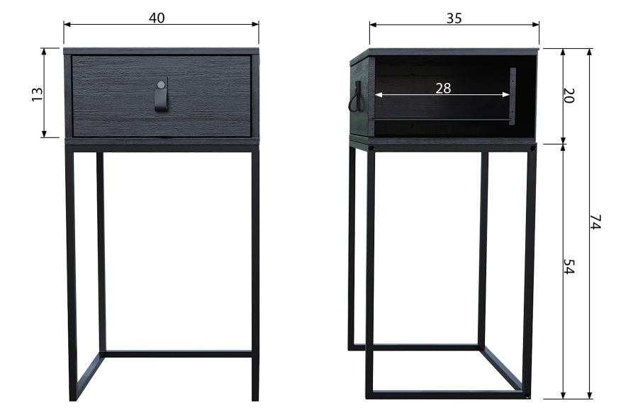 WOOOD Zola sengebord, m. 1 skuffe - sort tr og metal (40x35)