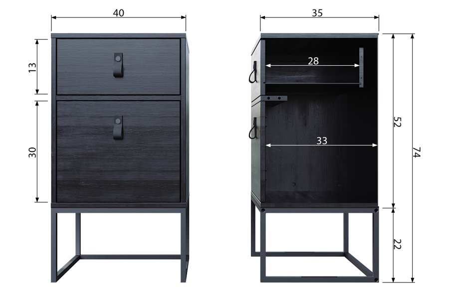 WOOOD Zola sengebord, m. 1 lge og 1 skuffe - sort tr og metal (40x35)