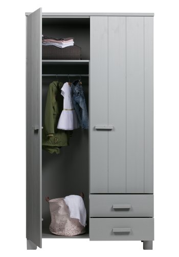 WOOOD Dennis garderobeskab, m. 2 lger, 3 hylder og 2 skuffer - beton gr fyrretr og melamin