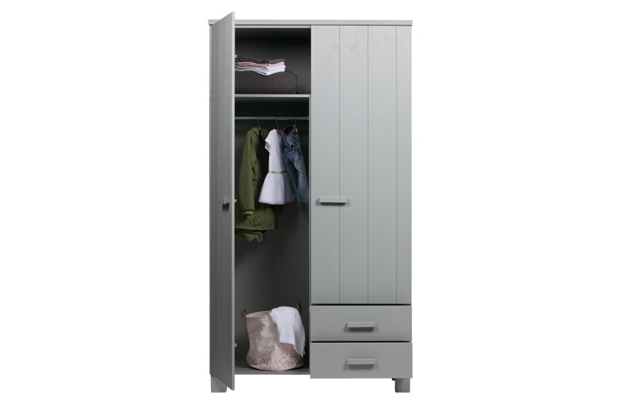 WOOOD Dennis garderobeskab, m. 2 lger, 3 hylder og 2 skuffer - beton gr fyrretr og melamin