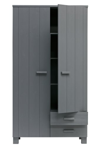 WOOOD Dennis garderobeskab til brn, m. 2 lger, 3 hylder og 2 skuffer- stlgr fyrretr