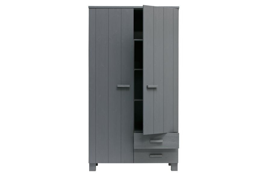 WOOOD Dennis garderobeskab til brn, m. 2 lger, 3 hylder og 2 skuffer- stlgr fyrretr