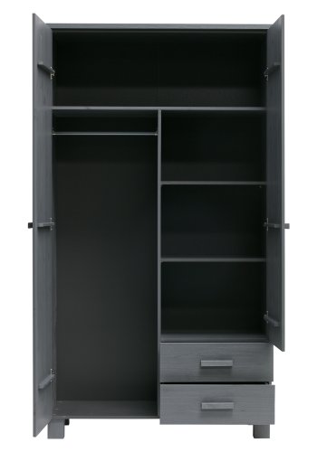 WOOOD Dennis garderobeskab til brn, m. 2 lger, 3 hylder og 2 skuffer- stlgr fyrretr