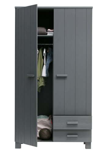 WOOOD Dennis garderobeskab til brn, m. 2 lger, 3 hylder og 2 skuffer- stlgr fyrretr