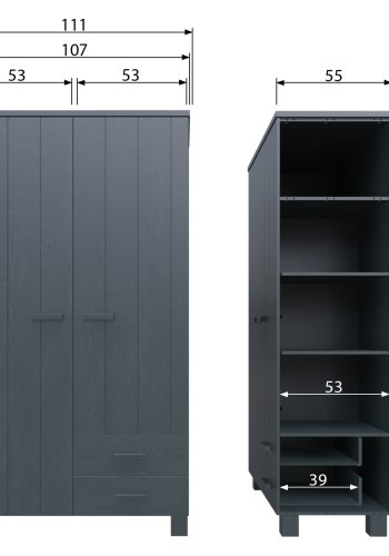 WOOOD Dennis garderobeskab til brn, m. 2 lger, 3 hylder og 2 skuffer- stlgr fyrretr