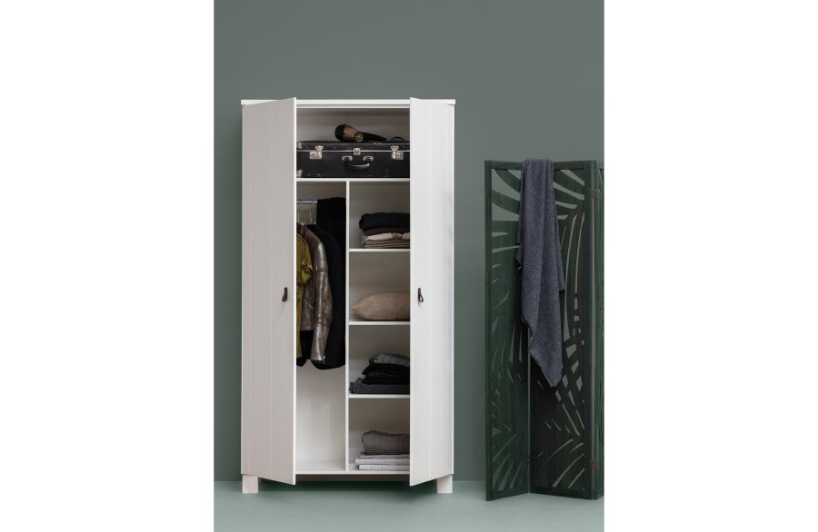 WOOOD Ties garderobeskab, m. 2 lger, 4 hylder og 1 bjlestang - hvid fyrretr og melamin