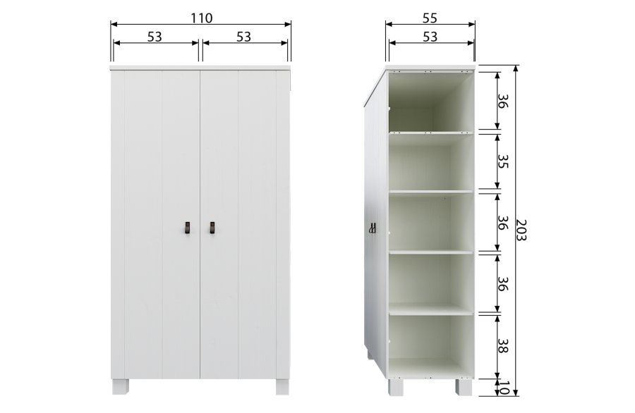 WOOOD Ties garderobeskab, m. 2 lger, 4 hylder og 1 bjlestang - hvid fyrretr og melamin