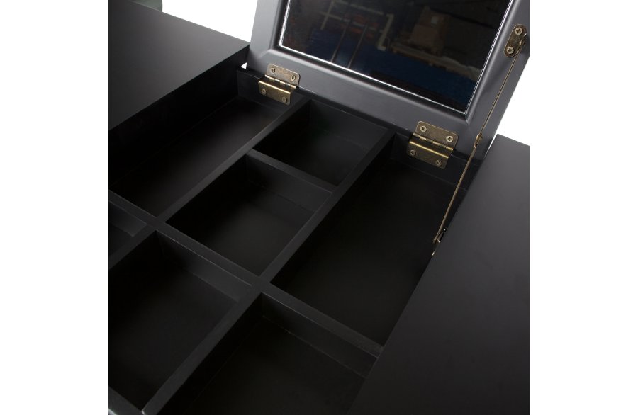 WOOOD Romy make-up bord, m. foldespejl, sm rum og 2 skuffer - sort fyrretr og MDF (75x38)