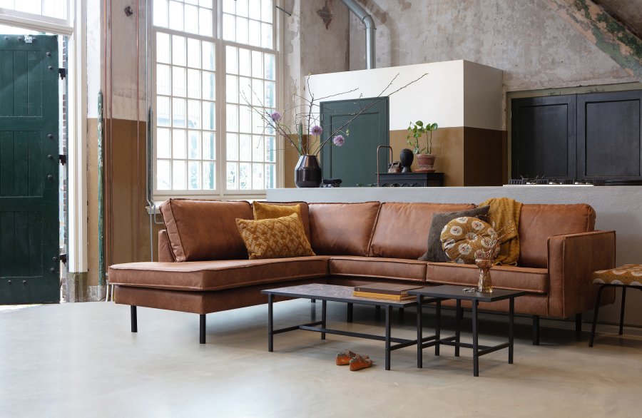 BEPUREHOME Rodeo hjrnesofa, venstre - cognac stof