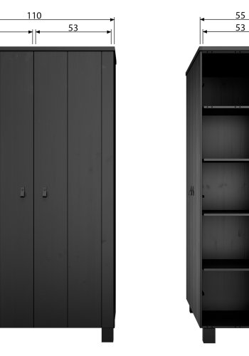 WOOOD Ties garderobeskab, m. 2 lger, 4 hylder og 1 bjlestang - sort fyrretr og melamin