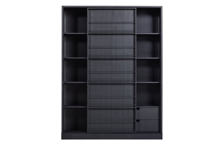 WOOOD EXCLUSIVE Swing skydedrsskab, m. 9 rum og 2 skuffer - mat sort fyrretr