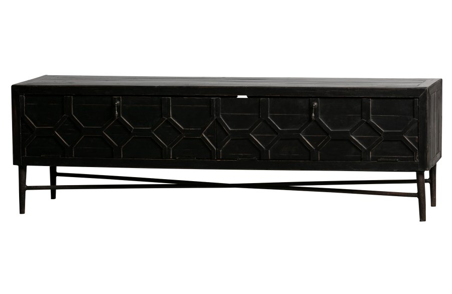 BEPUREHOME Bequest TV-bord, m. 2 lger og 1 hylde - antik sort genbrugt fyrretr og jern (160x45)