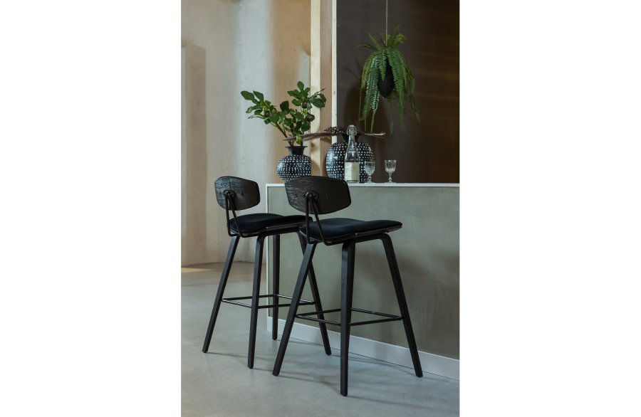 WOOOD EXCLUSIVE Senn barstol, m. rygln og fodsttte - sort fljl polyester og sort krydsfinér