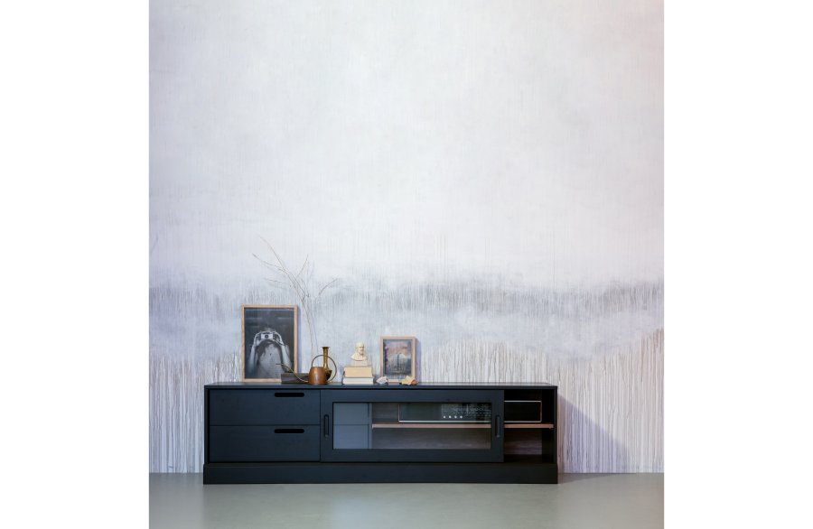 WOOOD EXCLUSIVE James TV-bord, m. 1 skydelge og 2 skuffer - glas, sort fyrretr og valnddeprint