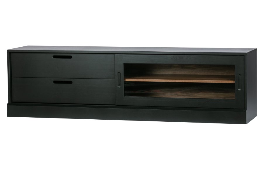 WOOOD EXCLUSIVE James TV-bord, m. 1 skydelge og 2 skuffer - glas, sort fyrretr og valnddeprint