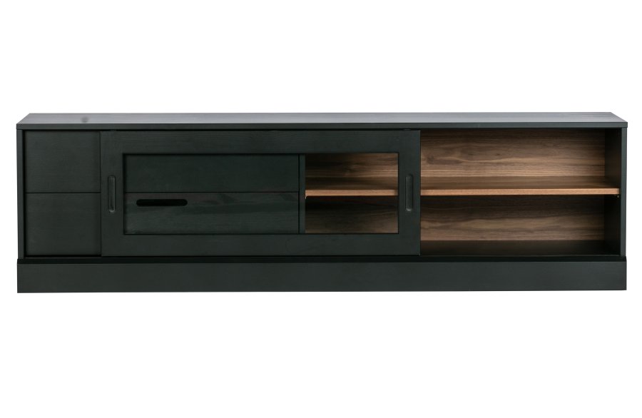 WOOOD EXCLUSIVE James TV-bord, m. 1 skydelge og 2 skuffer - glas, sort fyrretr og valnddeprint