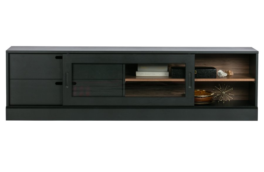 WOOOD EXCLUSIVE James TV-bord, m. 1 skydelge og 2 skuffer - glas, sort fyrretr og valnddeprint