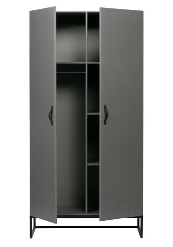 WOOOD Morris garderobeskab, m. 2 lger, 4 hylder og 1 bjlestang - gr fyrretr og sort metal