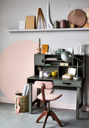 VTWONEN Stage brneskrivebord, m. 1 lge,1 skuffe og hylder - grn sbetone fyrretr (110x58)