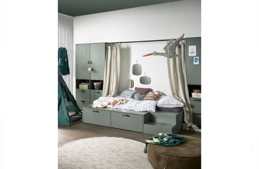 VTWONEN Stage garderobeskab til brn, m. 2 lger, hylder og 4 skuffer - grn sbetone fyrretr