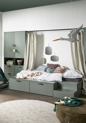 VTWONEN Stage brneseng, m. 2 skuffer, ekskl. lameller - grn sbetone fyrretr (80x200)