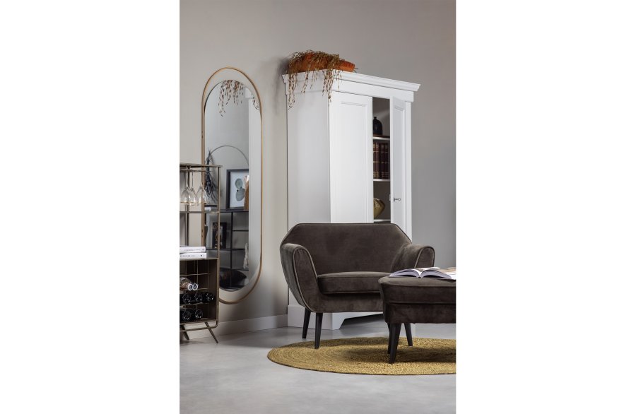 WOOOD Rocco skammel - varm grn polyester og sort birketr (77x51)