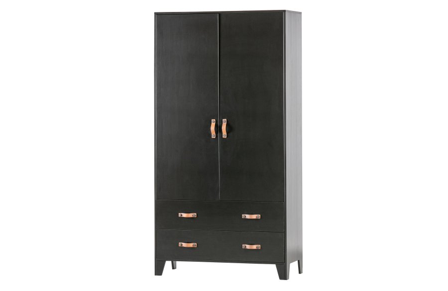 WOOOD Dian garderobeskab, m. 2 lger, 2 skuffer, 3 hylder, 1 bjlestang - sort fyrretr