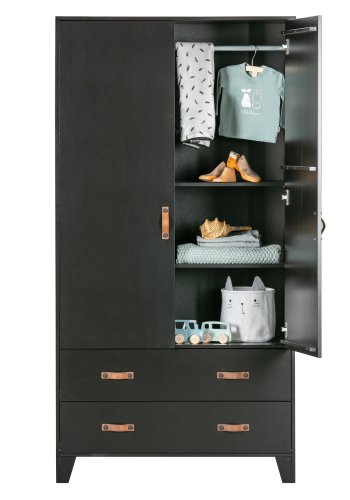 WOOOD Dian garderobeskab, m. 2 lger, 2 skuffer, 3 hylder, 1 bjlestang - sort fyrretr