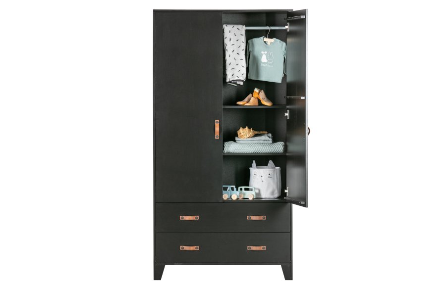 WOOOD Dian garderobeskab, m. 2 lger, 2 skuffer, 3 hylder, 1 bjlestang - sort fyrretr