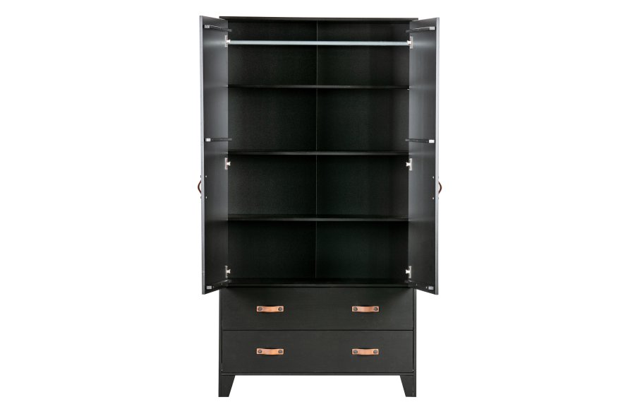 WOOOD Dian garderobeskab, m. 2 lger, 2 skuffer, 3 hylder, 1 bjlestang - sort fyrretr