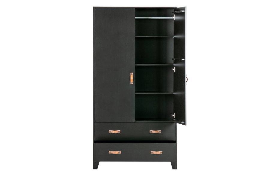 WOOOD Dian garderobeskab, m. 2 lger, 2 skuffer, 3 hylder, 1 bjlestang - sort fyrretr