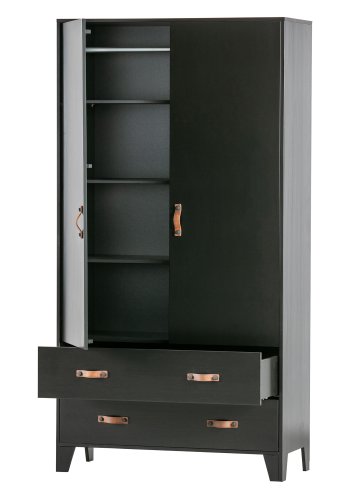 WOOOD Dian garderobeskab, m. 2 lger, 2 skuffer, 3 hylder, 1 bjlestang - sort fyrretr