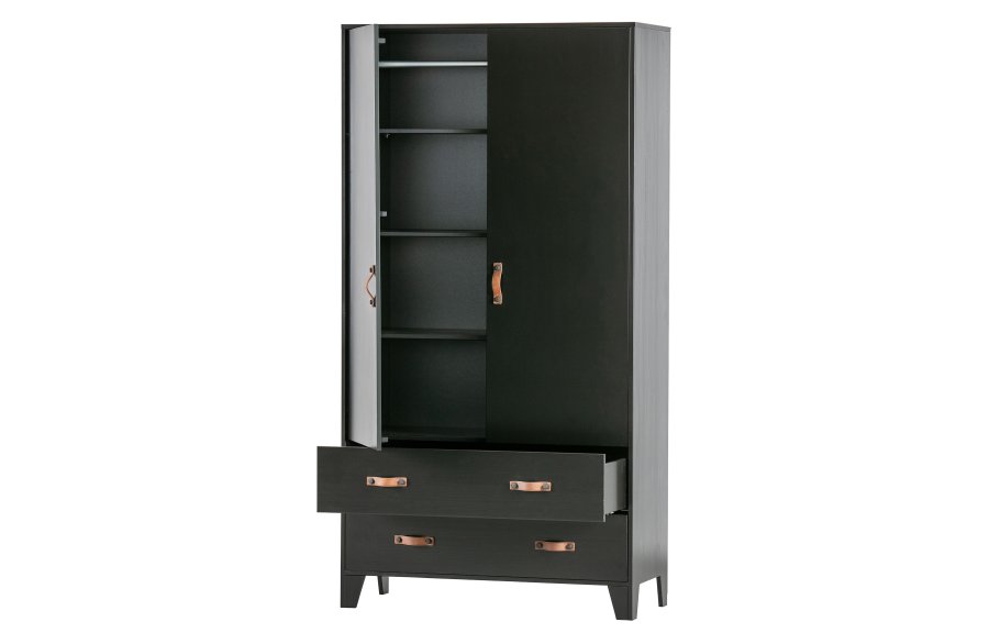 WOOOD Dian garderobeskab, m. 2 lger, 2 skuffer, 3 hylder, 1 bjlestang - sort fyrretr