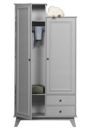 WOOOD Lily garderobeskab, m. 2 lger, 2 skuffe, 5 hylder og 1 bjlestang - varm gr fyrretr