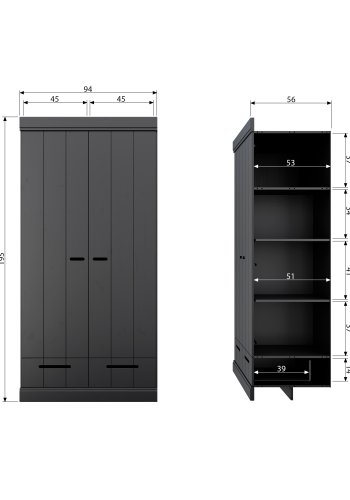 WOOOD Connect garderobeskab, m. 2 lger, 1 hylde, 1 bjlestang og 2 skuffer - sort fyrretr