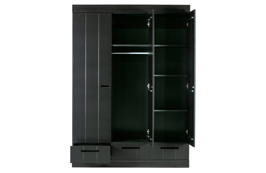 WOOOD Connect garderobeskab, m. 3 lger, 4 hylder, 1 bjlestang og 3 skuffer - sort fyrretr