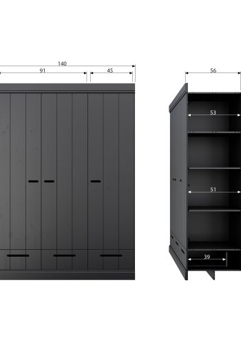 WOOOD Connect garderobeskab, m. 3 lger, 4 hylder, 1 bjlestang og 3 skuffer - sort fyrretr