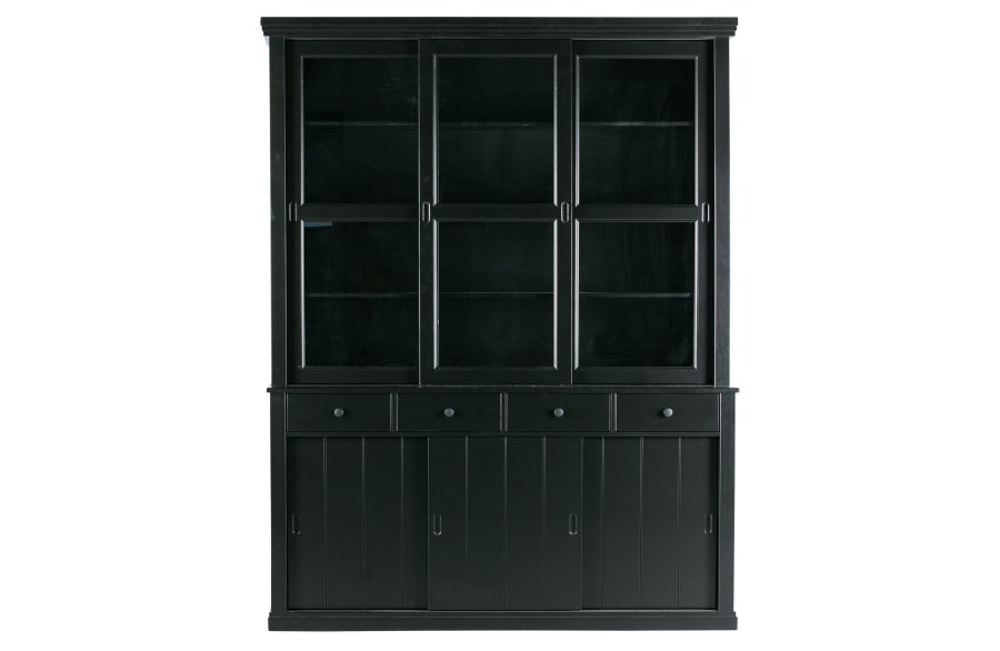 WOOOD Lagos vitrineskab, m. 6 skydelger og 4 skuffer - glas og sort fyrretr