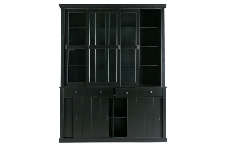 WOOOD Lagos vitrineskab, m. 6 skydelger og 4 skuffer - glas og sort fyrretr