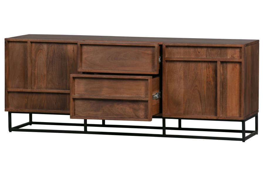 WOOOD EXCLUSIVE Forrest TV-bord, m. 2 lger, 2 skuffer og 2 hylder - natur mangotr og sort metal