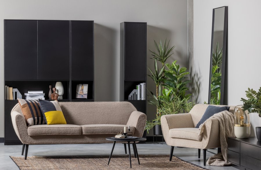 WOOOD Rocco lnestol - sand polyester bamsestof og sort birketr