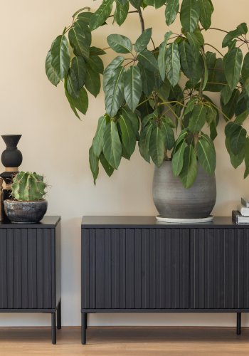 WOOOD EXCLUSIVE New Gravure TV-bord, m. 2 push to open lger - sort fyrretr og sort metal (B:100)