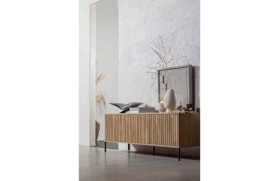 WOOOD EXCLUSIVE New Gravure TV-bord, m. 3 push to open lger - natur egefinér og sort metal (B:150)