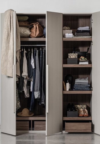 WOOOD Rens garderobeskab, m. 3 lger, 4 hylder, 1 bjlestang, 3 skuffer - stengr/brun valnddefinér