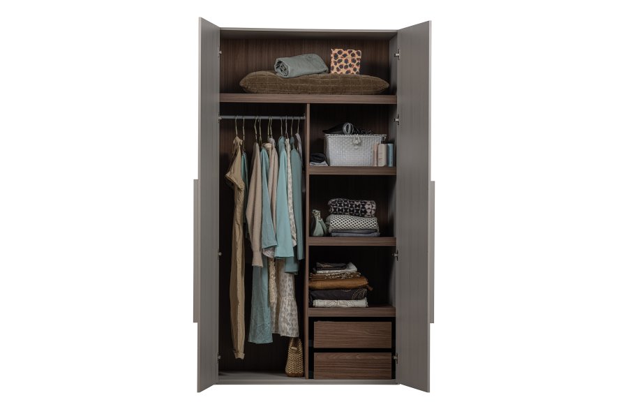 WOOOD Rens garderobeskab, m. 2 lger, 3 hylder, 1 bjlestang, 2 skuffer - stengr/brun valnddefinér