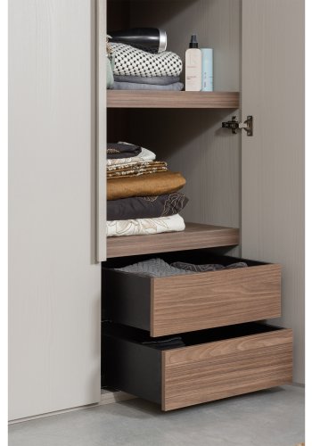 WOOOD Rens garderobeskab, m. 2 lger, 3 hylder, 1 bjlestang, 2 skuffer - stengr/brun valnddefinér