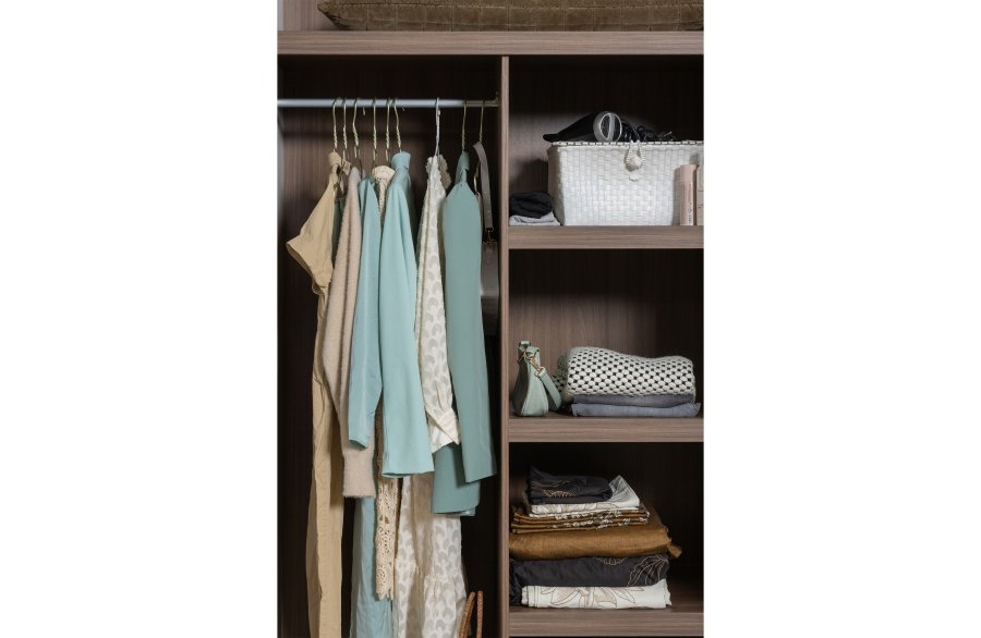 WOOOD Rens garderobeskab, m. 2 lger, 3 hylder, 1 bjlestang, 2 skuffer - stengr/brun valnddefinér