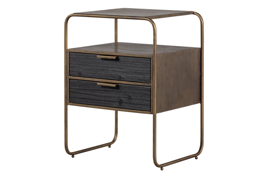 BEPUREHOME Collection sengebord, m. 2 skuffer - antik messing metal og sort tr (45x38)