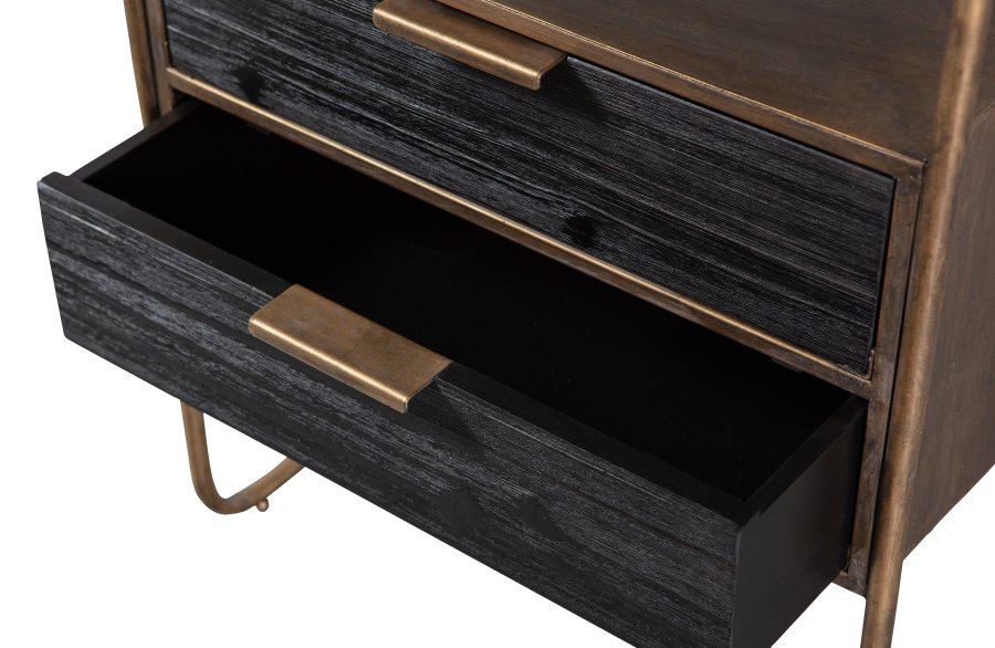 BEPUREHOME Collection sengebord, m. 2 skuffer - antik messing metal og sort tr (45x38)