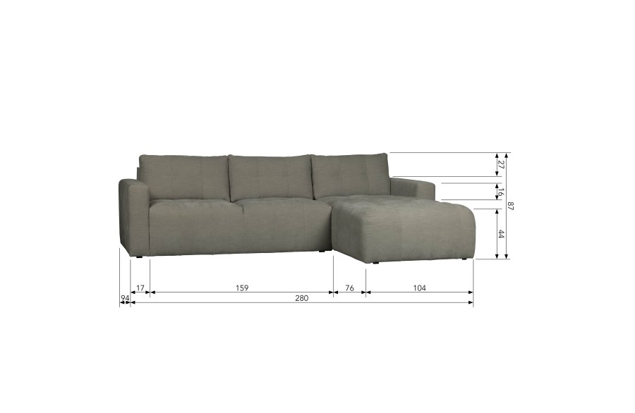 VTWONEN Bar sofa, m. chaiselong, hjre - varm gr polyester